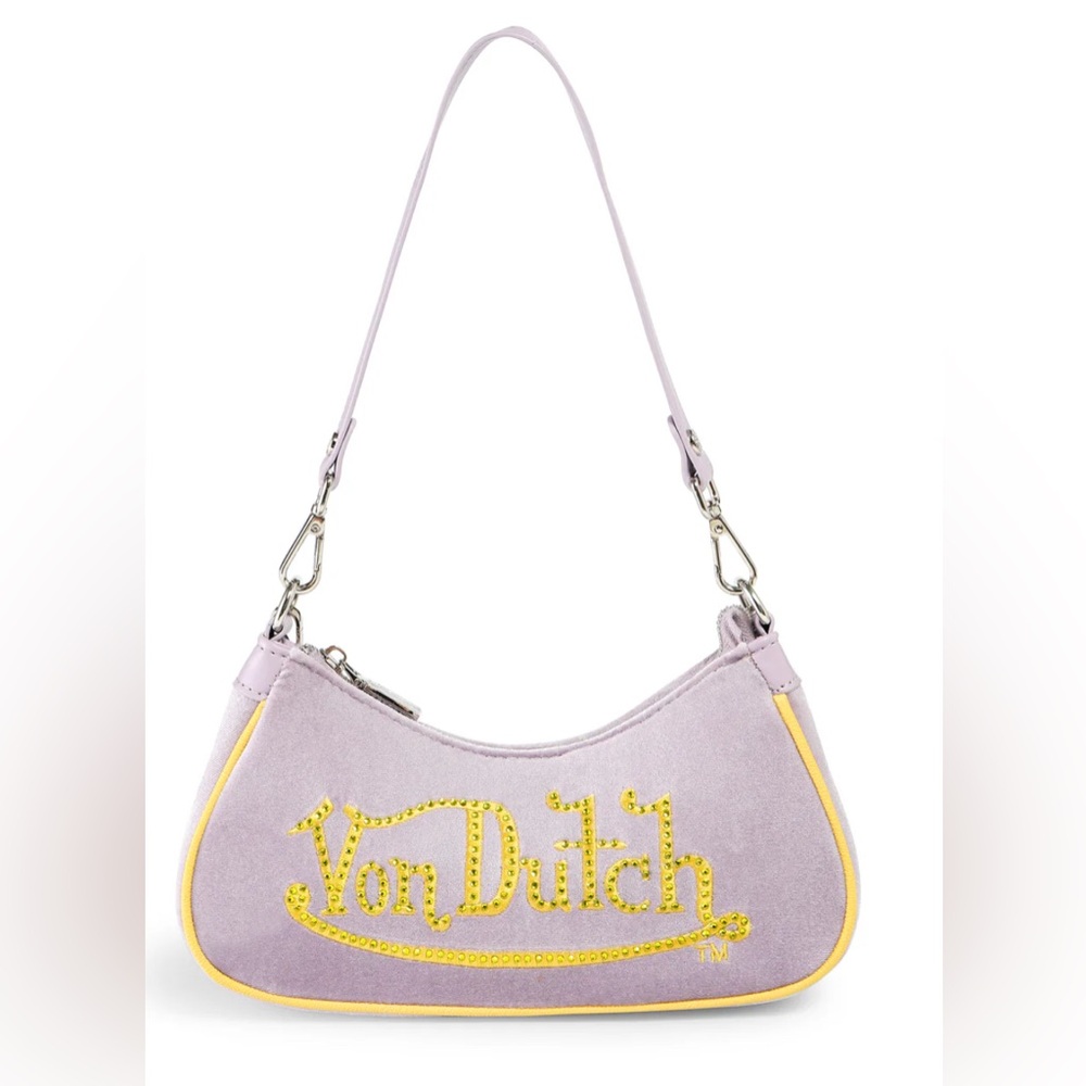 Von Dutch Velvet Purple Rhinestone Shoulder Bag NWT